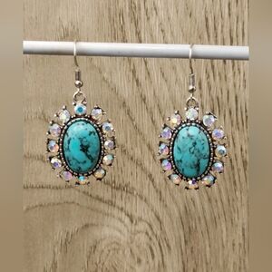 Turquoise and Silver Crystal Drop Earrings